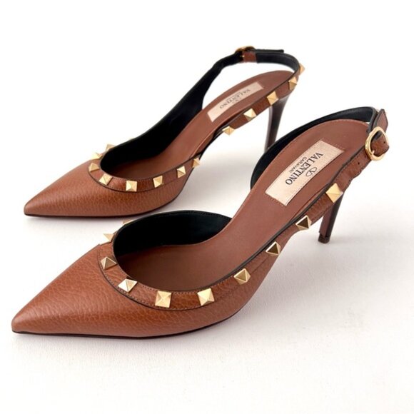 VALENTINO | Rockstud Half D’Orsay Pointed Slingback Pumps Brown Leather 36.5 - Picture 1 of 15
